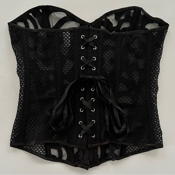 Mesh Corset Top With Leather Look Floral Applique, Black L NEW - Picture 7 of 9